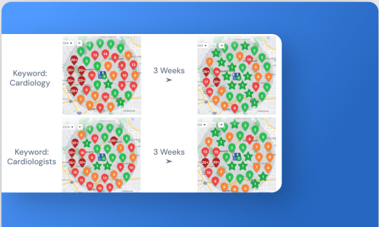 Before-and-after cardiology local search heatmaps showing a three-week comparison