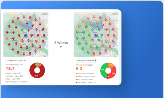 Before-and-after chiropractic local search heatmaps showing a three-week comparison