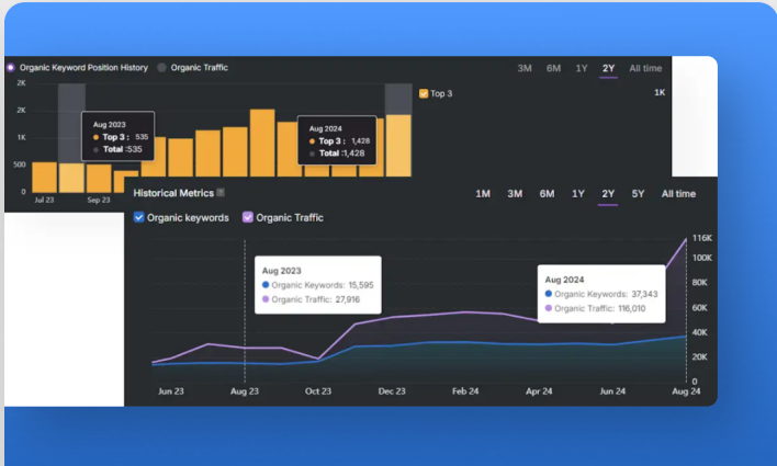 Organic traffic and keyword trend from the rehabilitation facility source case study