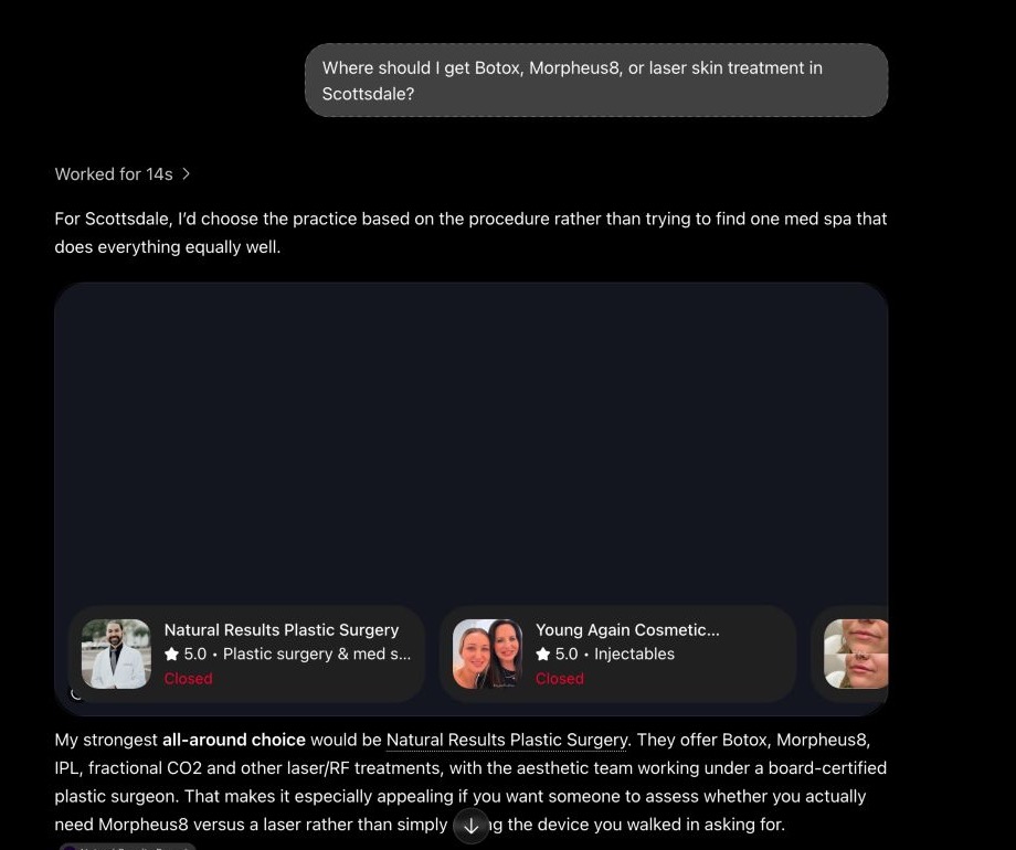 ChatGPT answer showing other Scottsdale practices for Botox, Morpheus8, and laser skin treatment